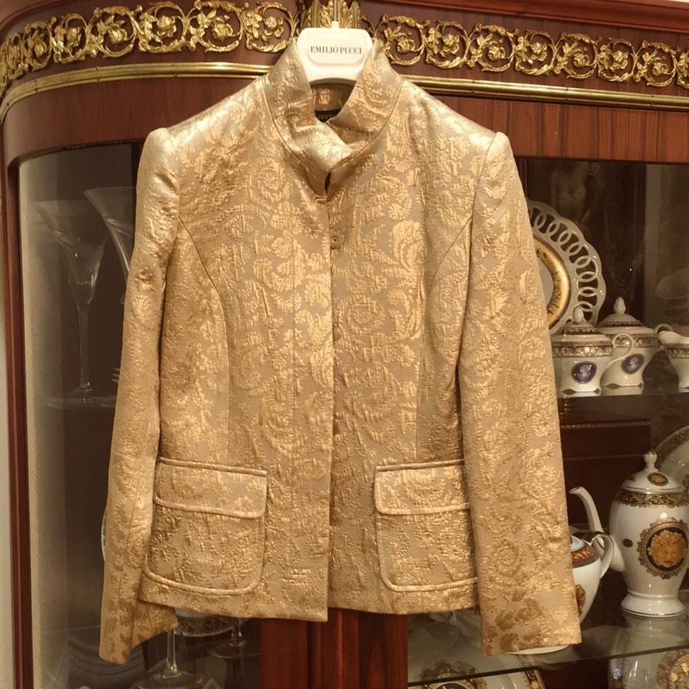 Arden B Brocade Jacquard Gold Metallic Effect stand collar Blazer Sz.XS